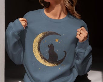 Black Cat & The Moon Crewneck Sweatshirt | Halloween Unisex Crewneck | Cat Lover Gift | Spooky Season Sweatshirt | Vintage Aesthetic