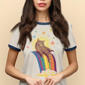 Regenboogkat Ringer T-shirt: Retro oversized psychedelisch T-shirt uit de jaren 70