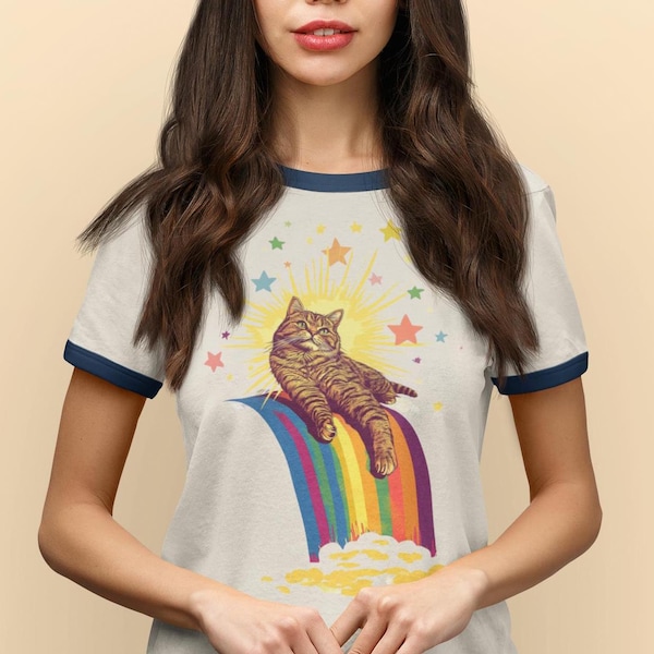 Rainbow Tabby Cat Ringer Tee: Retro 1970s oversized Psychedelic T-Shirt