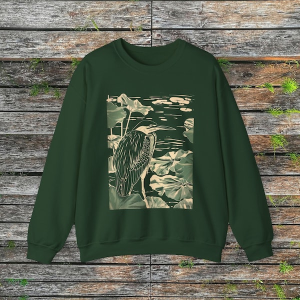 Green Heron Block Print Cozy Crewneck Sweatshirt, Bird Lover Gift