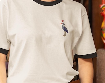 Embroidered Little Heron Unisex ringer t-shirt | Oversized Great Blue Heron Tee for Bird Watchers