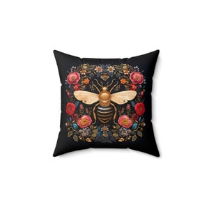 Cojín decorativo botánico Golden Bee: efecto bordado, decoración bohemia para el hogar. imagen 6