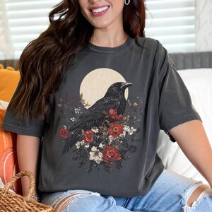 Celestial Crow, Floral TShirt | Unisex Comfort Colors T-shirt | Vintage Aesthetic Graphic Tee | Crow Lover Gift | Halloween Moon Tee Shirt