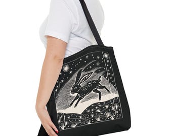 Folk Art Hare Canvas Tote Bag: Celestial Rabbit Design Carryall