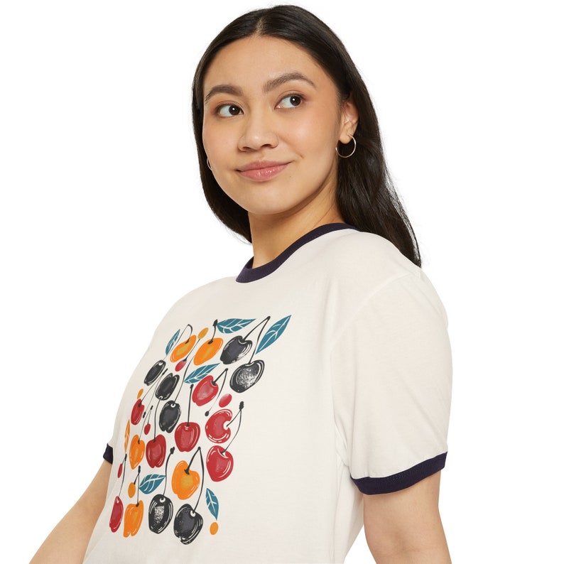 Retro Cherry Print Cotton Ringer T-Shirt | Unisex Cotton Tee image 7