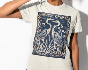 Two Graceful Herons Block Print Unisex Comfort Colors T-shirt