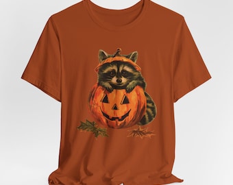 Retro Raccoon Jack-O-Lantern Pumpkin Tee | Halloween Unisex Bella & Canvas T-Shirt