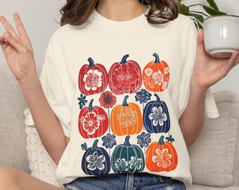 Botanical Pumpkin Print T-Shirt - Unisex Comfort Colors Cotton - Fall Harvest Illustration Tee