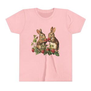 Sweet Vintage Bunnies & Strawberries Youth Tee | Cute Animal Kids Shirt Pink