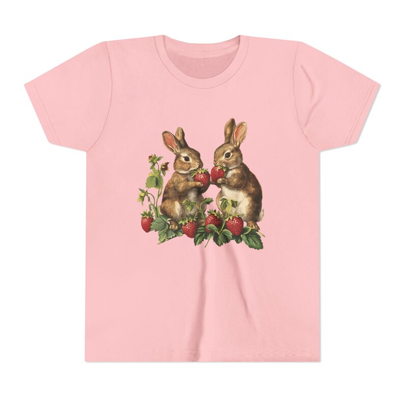 Sweet Vintage Bunnies & Strawberries Youth Tee | Cute Animal Kids Shirt Pink