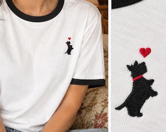 Embroidered Little Scotty Dog Oversized Unisex ringer t-shirt | Scottish Terrier Tee, 100% Cotton