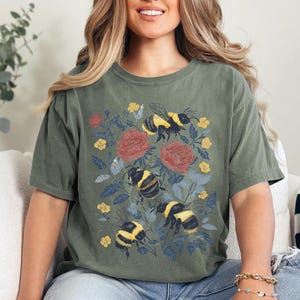 Bumble Bees Floral T-Shirt | Unisex Comfort Colors T-shirt | Bird Watcher Tee Shirt | Nature Tshirt | Floral Pollinator Tee | Gardener Gift