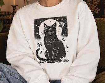 Black Cat Moon Illustration Sweatshirt | Night Sky Witchy Graphic