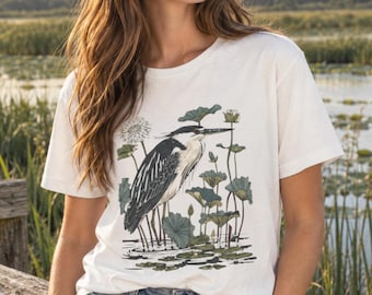 Night Heron Bella & Canvas Cotton T-Shirt | Unisex Bird Watcher Top | Botanical Marsh Bird Tee