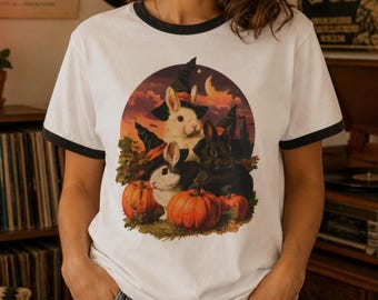 Vintage Halloween Bunnies Ringer Tee | Oversized Retro Spooky 100% Cotton Ringer T-Shirt