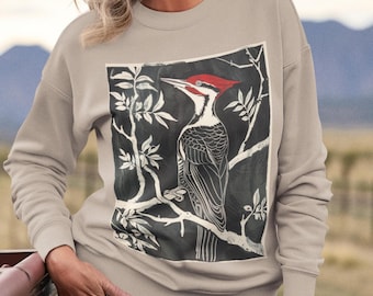 Pileated Woodpecker Block Print Cozy Crewneck Sweatshirt | Birder Sweatshirt | Bird Watching Sweatshirt | Forestcore Sweatshirt
