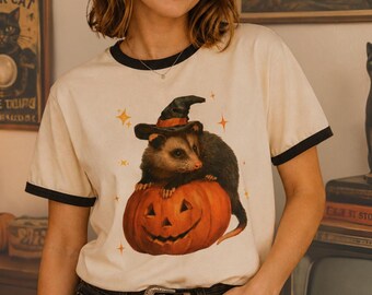 Retro Halloween Possum Ringer Tee | Oversized Witchy Possum & Pumpkin Shirt