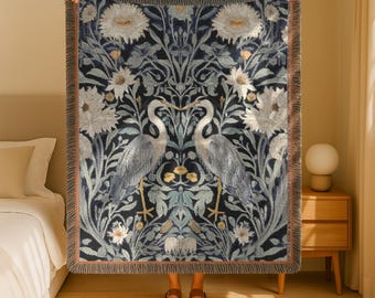 Elegant Great Blue Herons Cotton Woven Throw Blanket - William Morris Inspired Home Decor