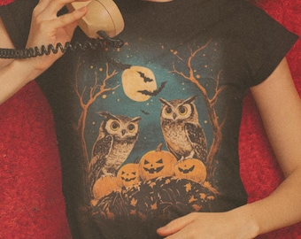 Vintage Spooky Owls with Jack-o'-Lanterns Bella & Canvas Cotton T-Shirt | Halloween Unisex Tee
