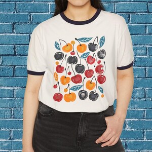 Retro Cherry Print Cotton Ringer T-Shirt | Unisex Cotton Tee image 6