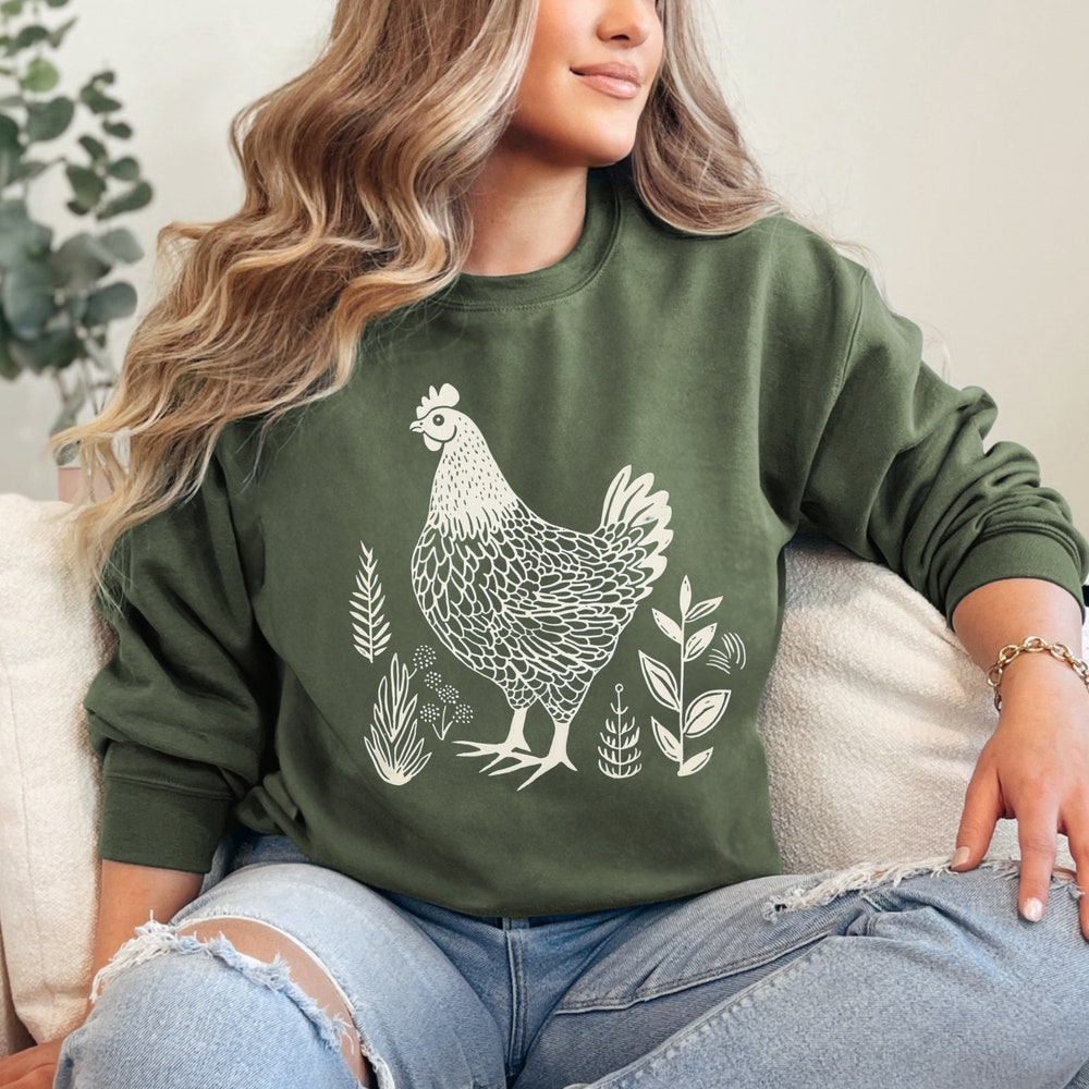 Chicken Sweatshirt | Folk Art Sweatshirt | Nature Crewneck Sweatshirt | Animal Lover Sweatshirt | Cottagecore Sweatshirt | Hen Sweatshirt