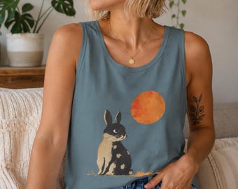 Häschen Mond Tank Top | Unisex Oversized Comfort Colors Garment-Dyed Kaninchen-Print-Shirt aus Baumwolle