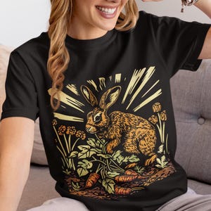 Rabbit Garden Harvest Folk Art Block Print Unisex Comfort Colors T-shirt | Rabbit Lover Gift | Garden T-Shirt | Gift for Gardener | Veg