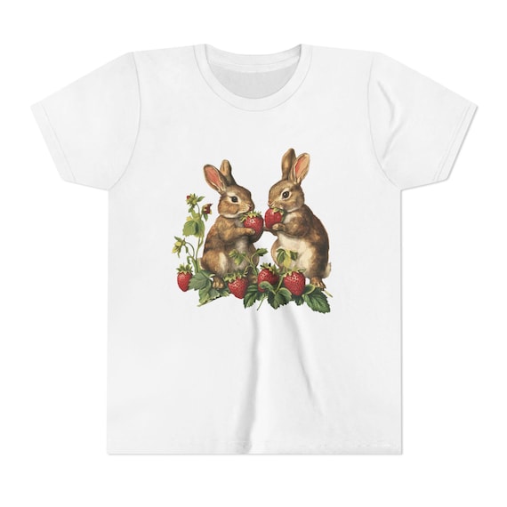 Sweet Vintage Bunnies & Strawberries Youth Tee | Cute Animal Kids Shirt