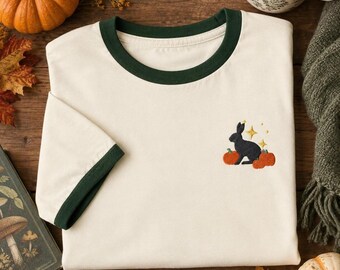 Embroidered Little Bunny Pumpkin Patch Ringer T-Shirt | Unisex Oversized Halloween Tee for Rabbit Lovers