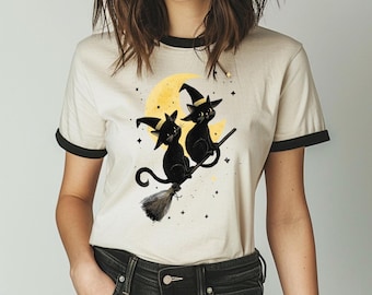 Witchy Kittens Ringer T-Shirt: Retro Halloween Black Cat Tee