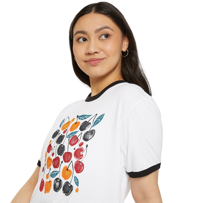 Retro Cherry Print Cotton Ringer T-Shirt | Unisex Cotton Tee image 9