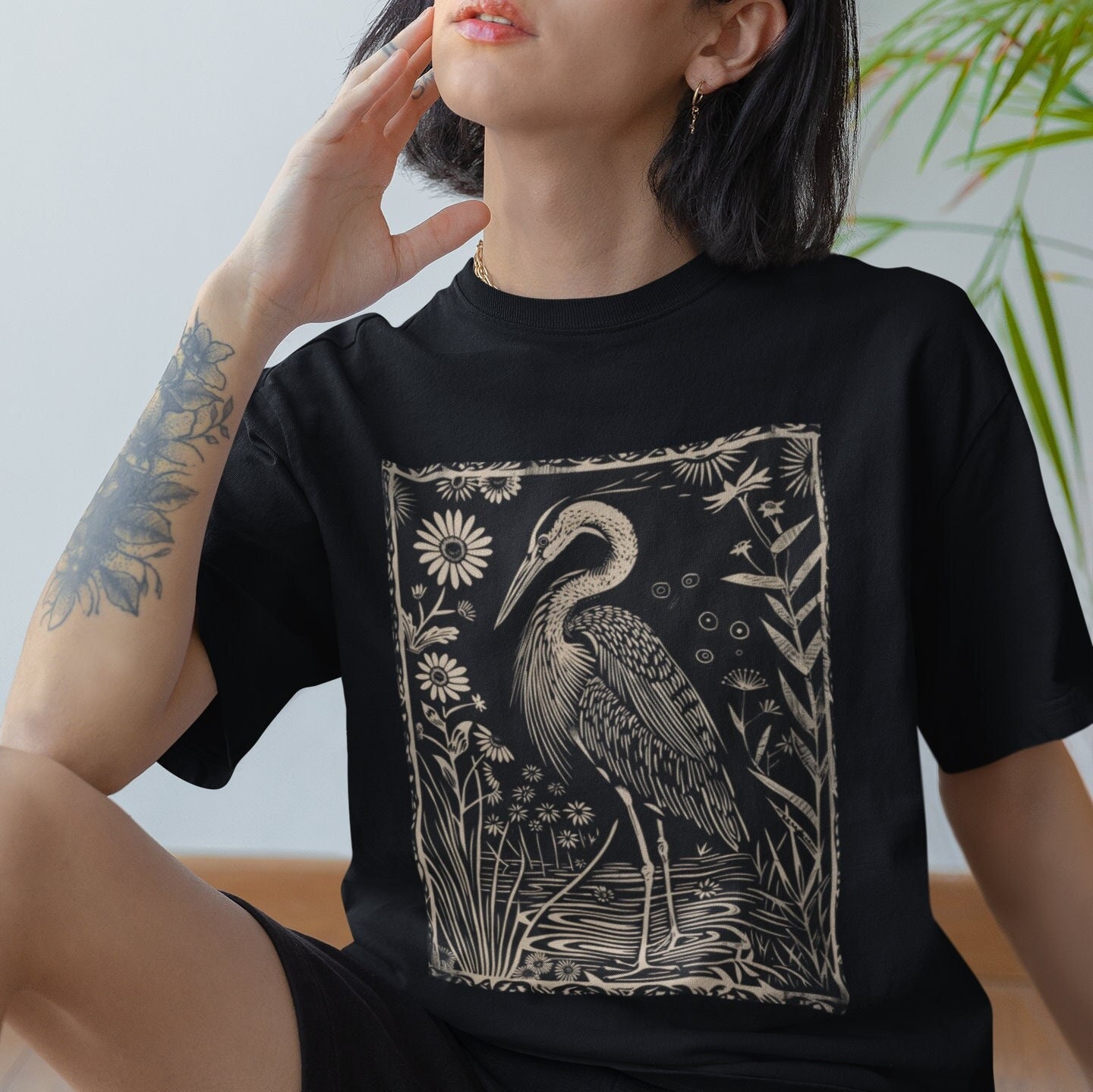 Great Blue Heron Block Print Unisex Comfort Colors T-shirt | Heron T-Shirt | Bird Watching Tee | Birding T-Shirt | Folk Art T-Shirt