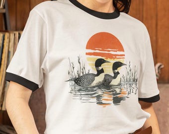 Loon Sunset T-Shirt, Vintage Aesthetic Unisex Cotton Ringer Bird Lover T-Shirt