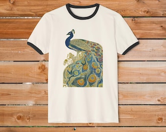 Art Nouveau Peacock Ringer Tee, Retro Cotton T-Shirt