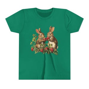 Sweet Vintage Bunnies & Strawberries Youth Tee | Cute Animal Kids Shirt Kelly