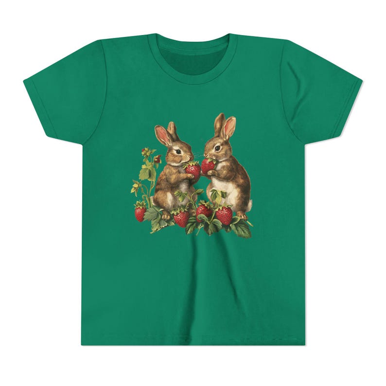 Sweet Vintage Bunnies & Strawberries Youth Tee | Cute Animal Kids Shirt Kelly