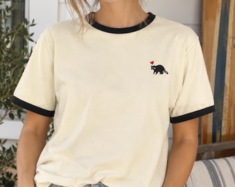 Embroidered Little Raccoon Unisex Ringer T-shirt | Oversized Raccoon Love Tee