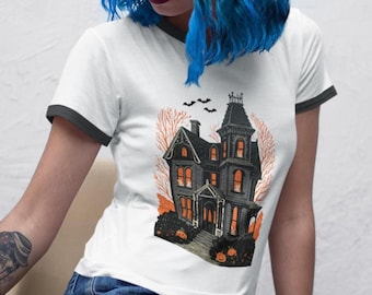 Haunted Bunny House Halloween Unisex Ringer Tshirt | Oversized Retro Spooky Season Tee