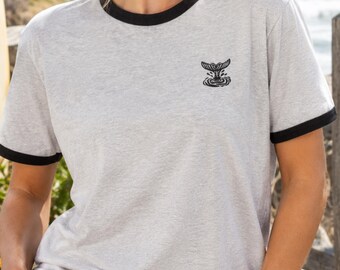 Embroidered Whale Tail Ringer Tee Shirt | Oversized Unisex Retro Ringer T-Shirt