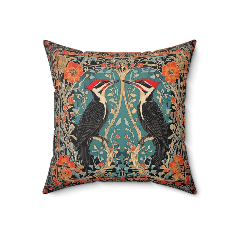 Pileated Woodpeckers Floral Throw Pillow | Bird Print Couch Pillow | William Morris Inspired Pillow | Decorative Woodpecker Pillow image 7