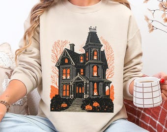 Haunted House Bunny Print Sweatshirt | Unisex Gildan Crewneck Sweatshirt | Pullover Fall Sweatshirt