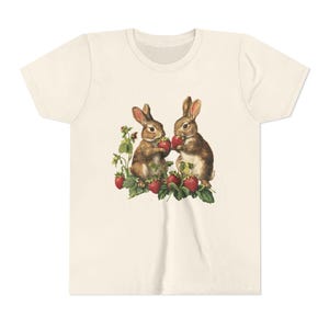Sweet Vintage Bunnies & Strawberries Youth Tee | Cute Animal Kids Shirt Natural