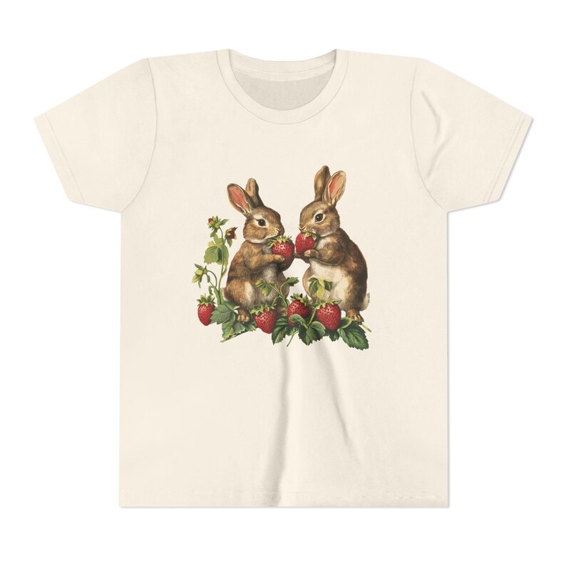 Sweet Vintage Bunnies & Strawberries Youth Tee | Cute Animal Kids Shirt Natural