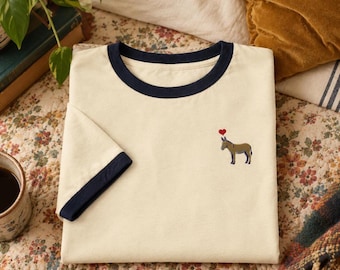 Embroidered Little Donkey Ringer Tee Shirt | Oversized Unisex Retro Top