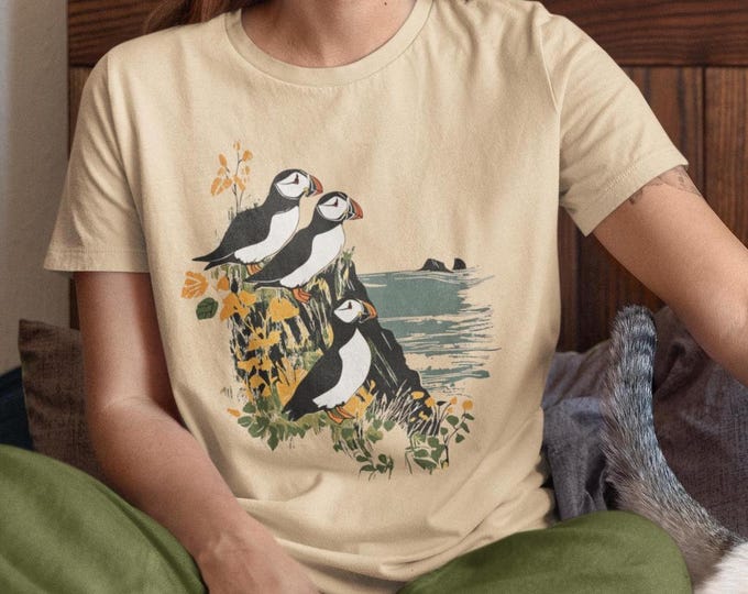 Atlantic Cliffside Puffins Print Unisex Bella & Canvas T Shirt | Bird Watcher Gift | Nature Lover Tee | Wildlife T-Shirt | Birding Bird Tee