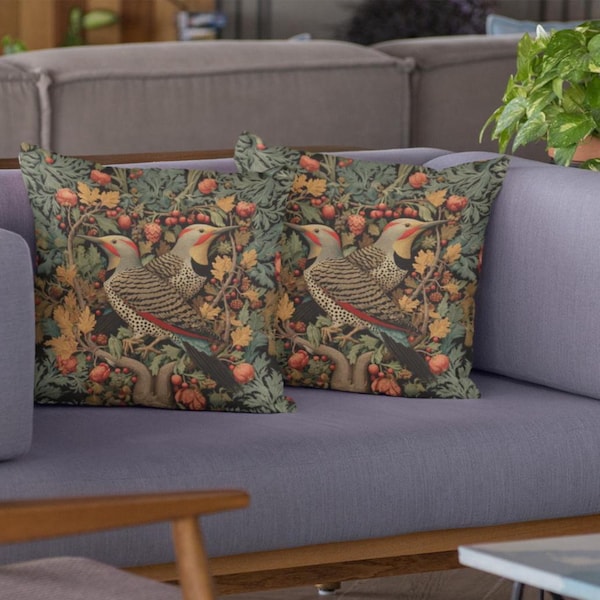 Northern Flicker Woodpeckers print, William Morris inspired Botanical Throw Pillow