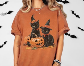 Retro Halloween Kittens Cotton T-Shirt |  Comfort Colors Spooky Season Tee