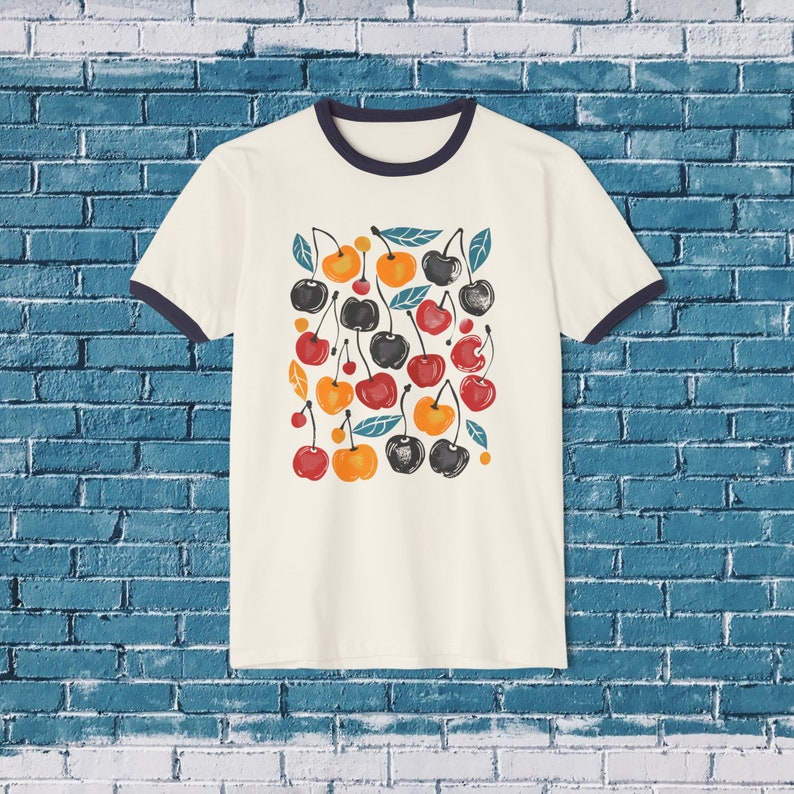 Retro Cherry Print Cotton Ringer T-Shirt | Unisex Cotton Tee image 4