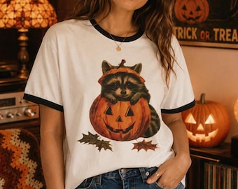 Mischievous Raccoon Halloween Ringer Tee | Oversized Cotton Fall Jack-O'-Lantern Vintage Aesthetic Unisex T-Shirt