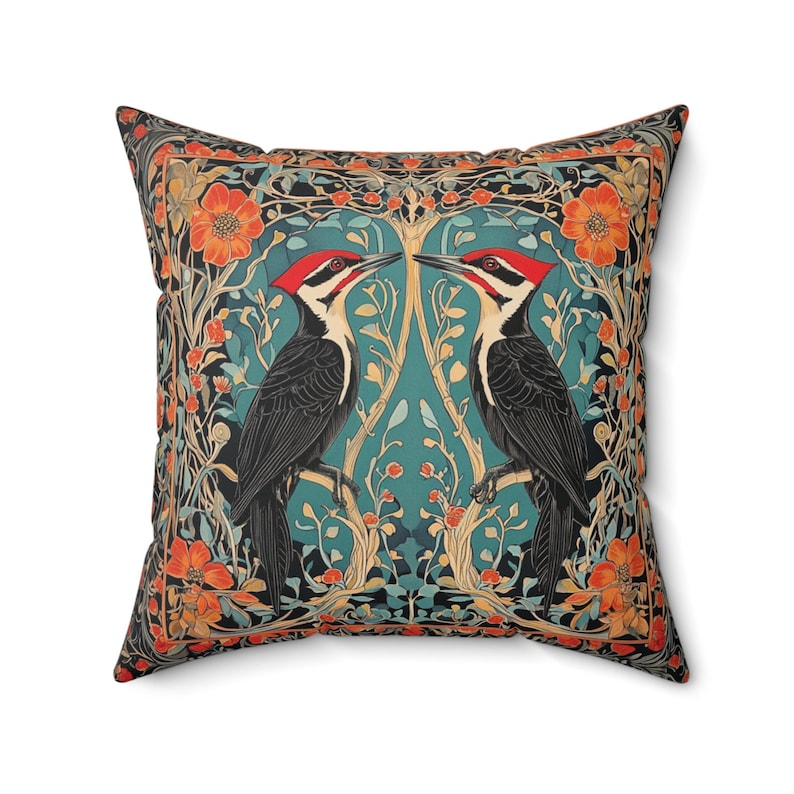 Pileated Woodpeckers Floral Throw Pillow | Bird Print Couch Pillow | William Morris Inspired Pillow | Decorative Woodpecker Pillow image 8